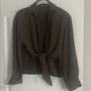 Dress Forum Brown Puff Sleeve Tie-Front Blouse